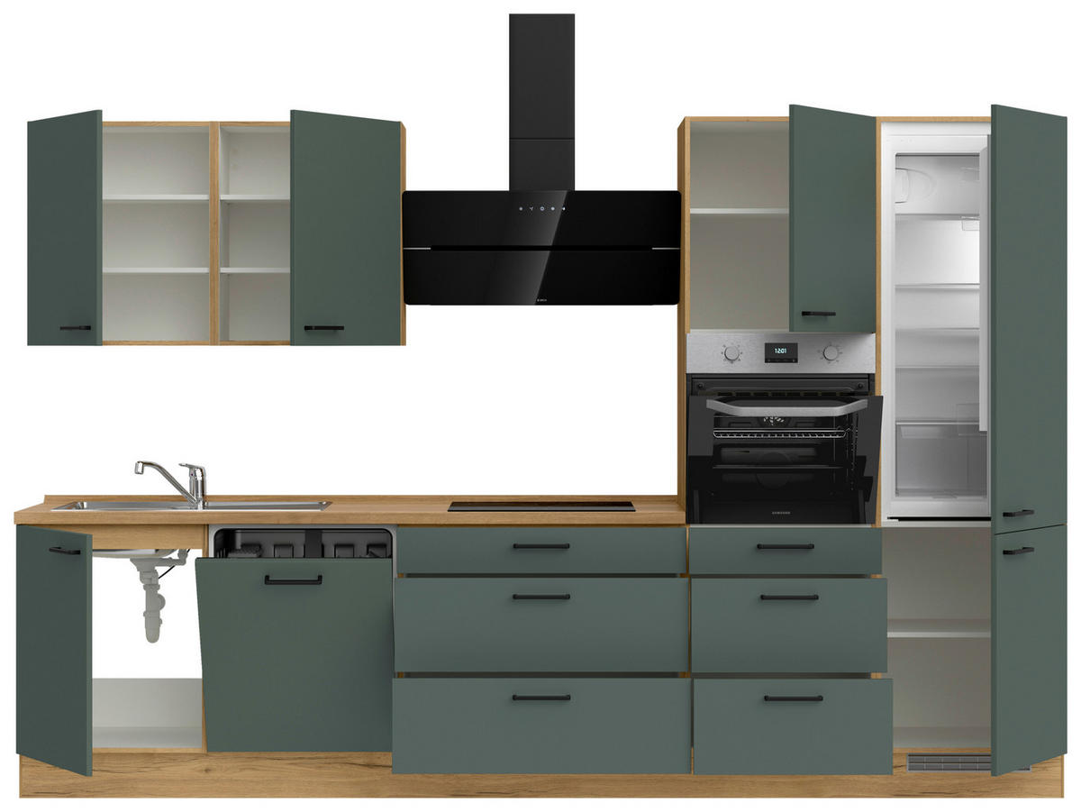 KÜCHENBLOCK Easytouch 330 cm  in Eichefarben, Dunkelgrün  - Dunkelgrün/Eichefarben, MODERN, Holzwerkstoff/Metall (330cm) - Nobilia