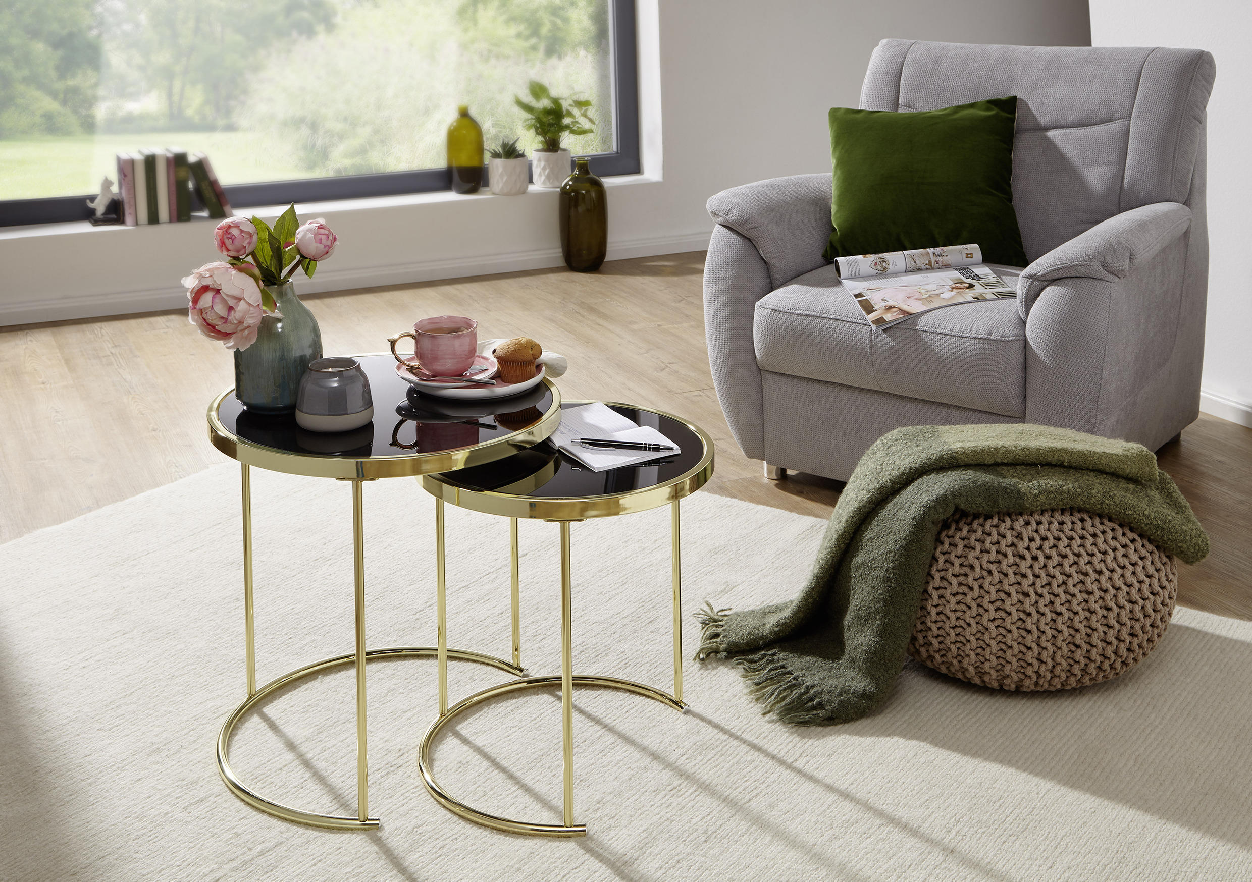 SATZTISCH 42/42/45 cm Goldfarben rund  - Goldfarben, Design, Glas/Metall (42/42/45cm) - MID.YOU