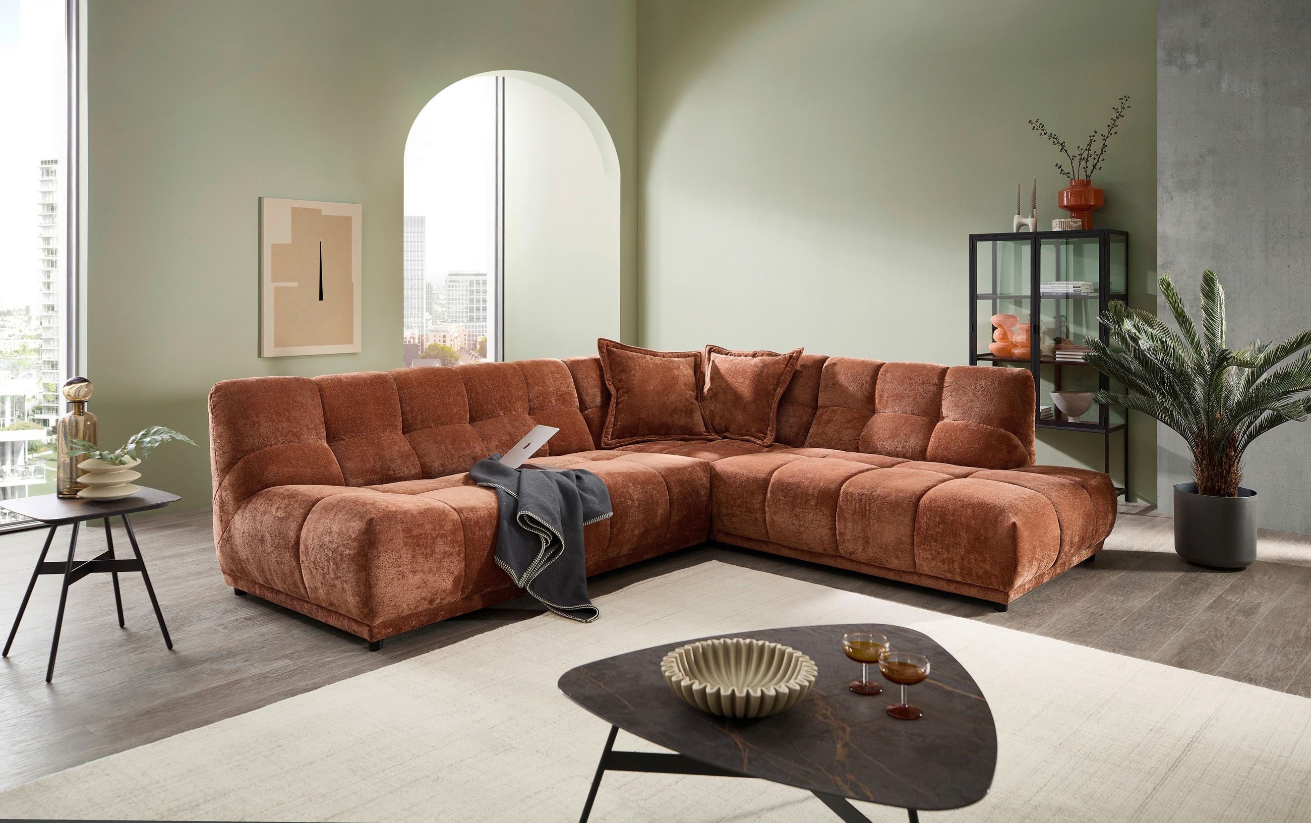 ECKSOFA Chenille Rostfarben  - Rostfarben/Schwarz, Modern, Kunststoff/Textil (284/250cm) - Livetastic