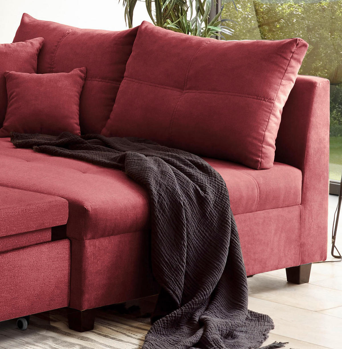 ECKSOFA in Mikrovelours Beere  - Beere/Schwarz, Basics, Holzwerkstoff/Kunststoff (248/176cm) - MID.YOU