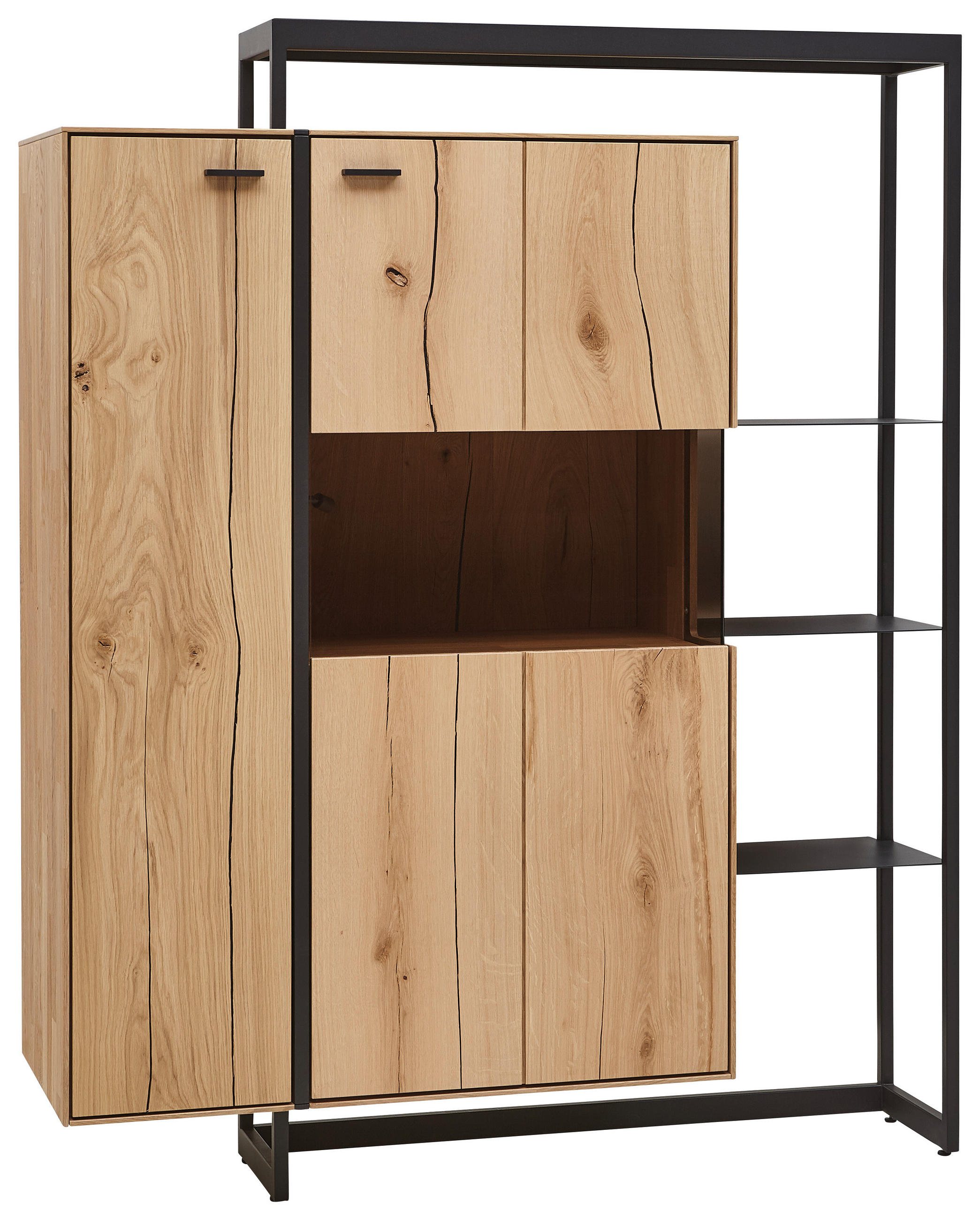 HIGHBOARD Wildeiche, Balkeneiche massiv Schwarz, Eichefarben Einlegeböden  - Eichefarben/Schwarz, Natur, Glas/Holz (129,3/158/41,1/28cm) - Valnatura