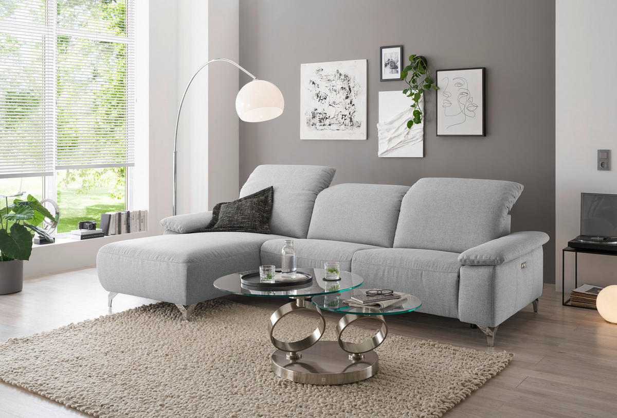 ECKSOFA Hellgrau Flachgewebe Rücken echt  - Chromfarben/Hellgrau, Design, Textil/Metall (180/280cm) - Musterring