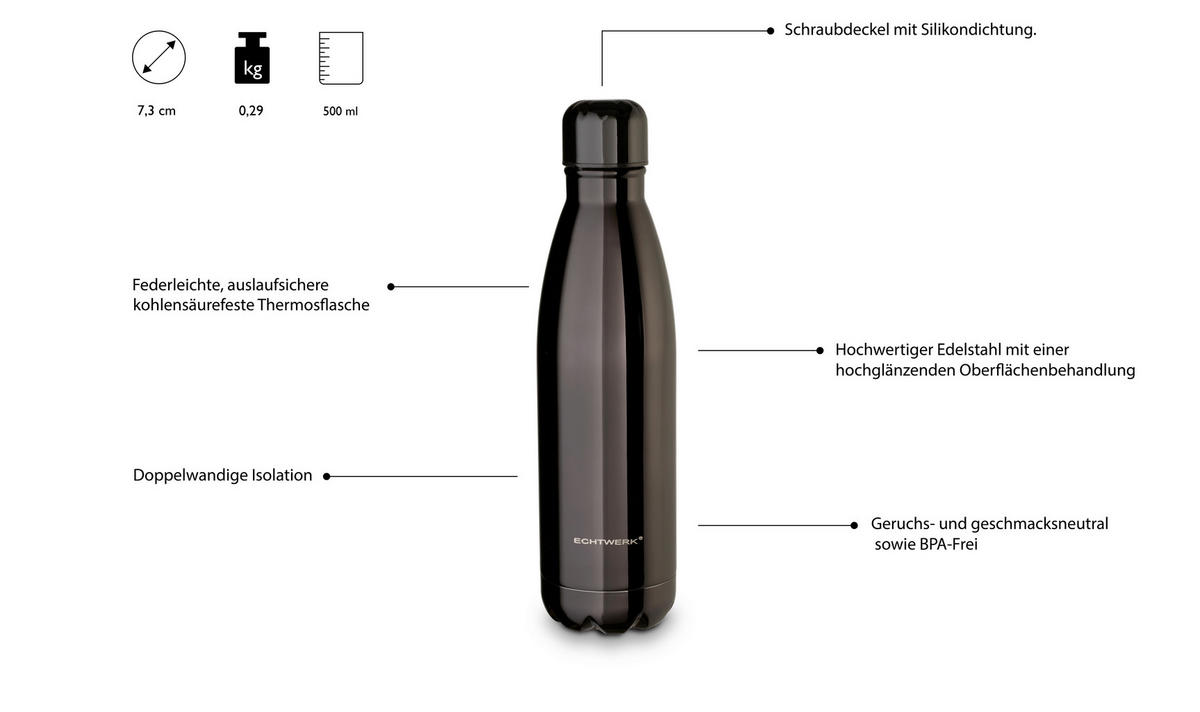 TERMOSFLASKA 0,5 l  - svart högglans, Basics, metall (26,7/7,3/26,7cm) - Echtwerk
