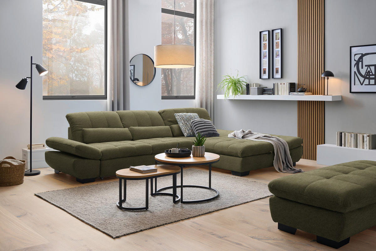 ECKSOFA  in Flachgewebe Grün  341/204 cm  - Schwarz/Grün, Design, Textil/Metall (341/204cm) - Xora