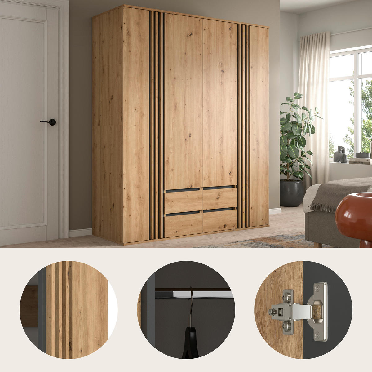 DREHTÜRENSCHRANK  in Anthrazit, Eiche Artisan  - Anthrazit/Eiche Artisan, ROMANTIK / LANDHAUS, Holzwerkstoff (160/192/56cm) - Livetastic