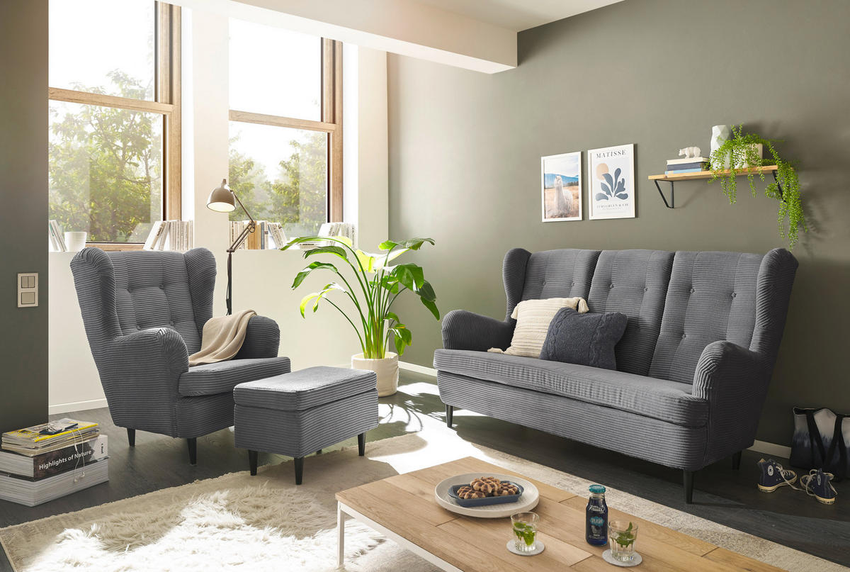 OHRENSESSEL in Cord Dunkelgrau  - Dunkelgrau/Schwarz, Basics, Holz/Textil (78/102/98cm) - MID.YOU