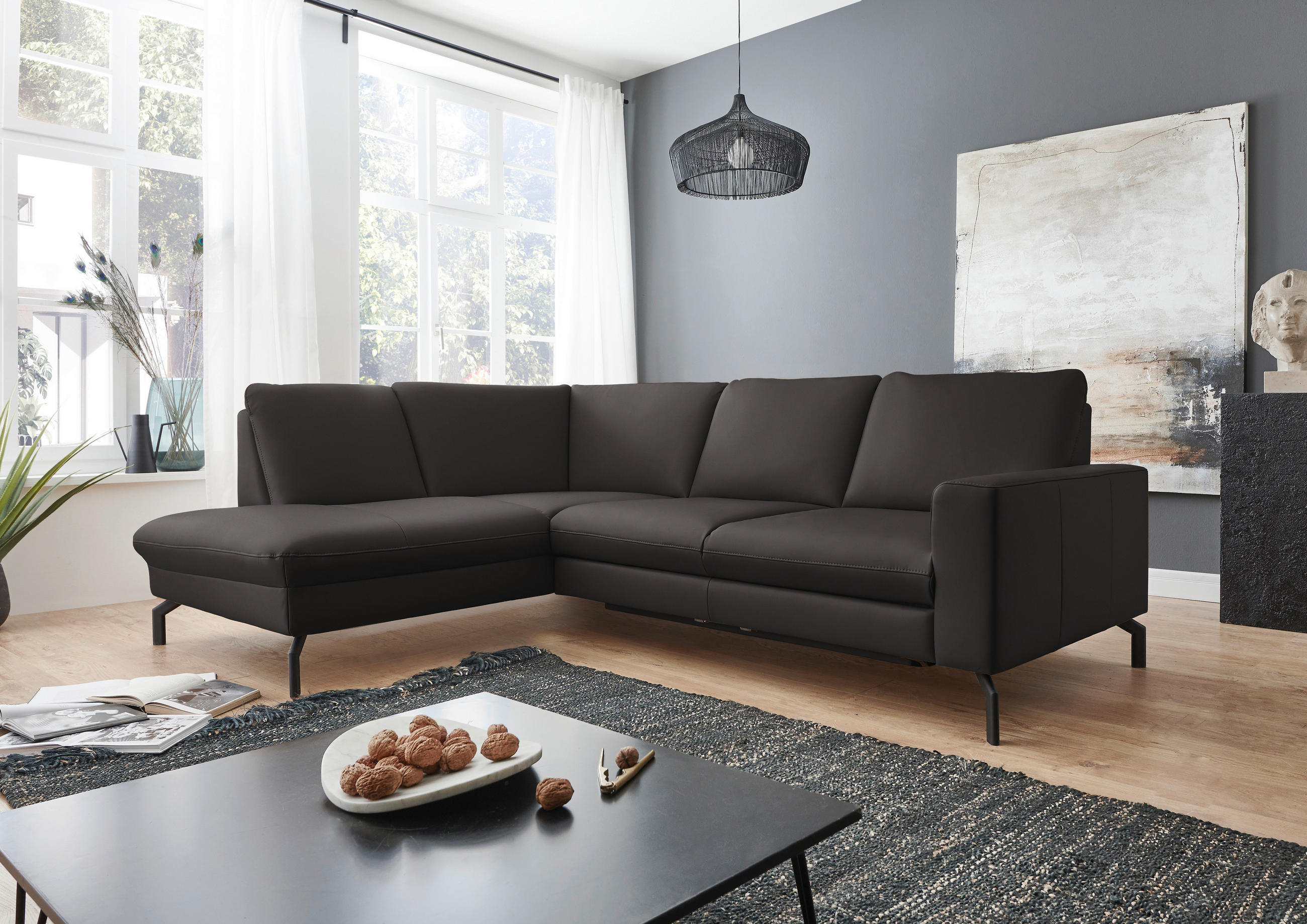 ECKSOFA in Echtleder Dunkelgrau  - Dunkelgrau/Schwarz, Design, Leder/Metall (194/250cm) - Beldomo Premium