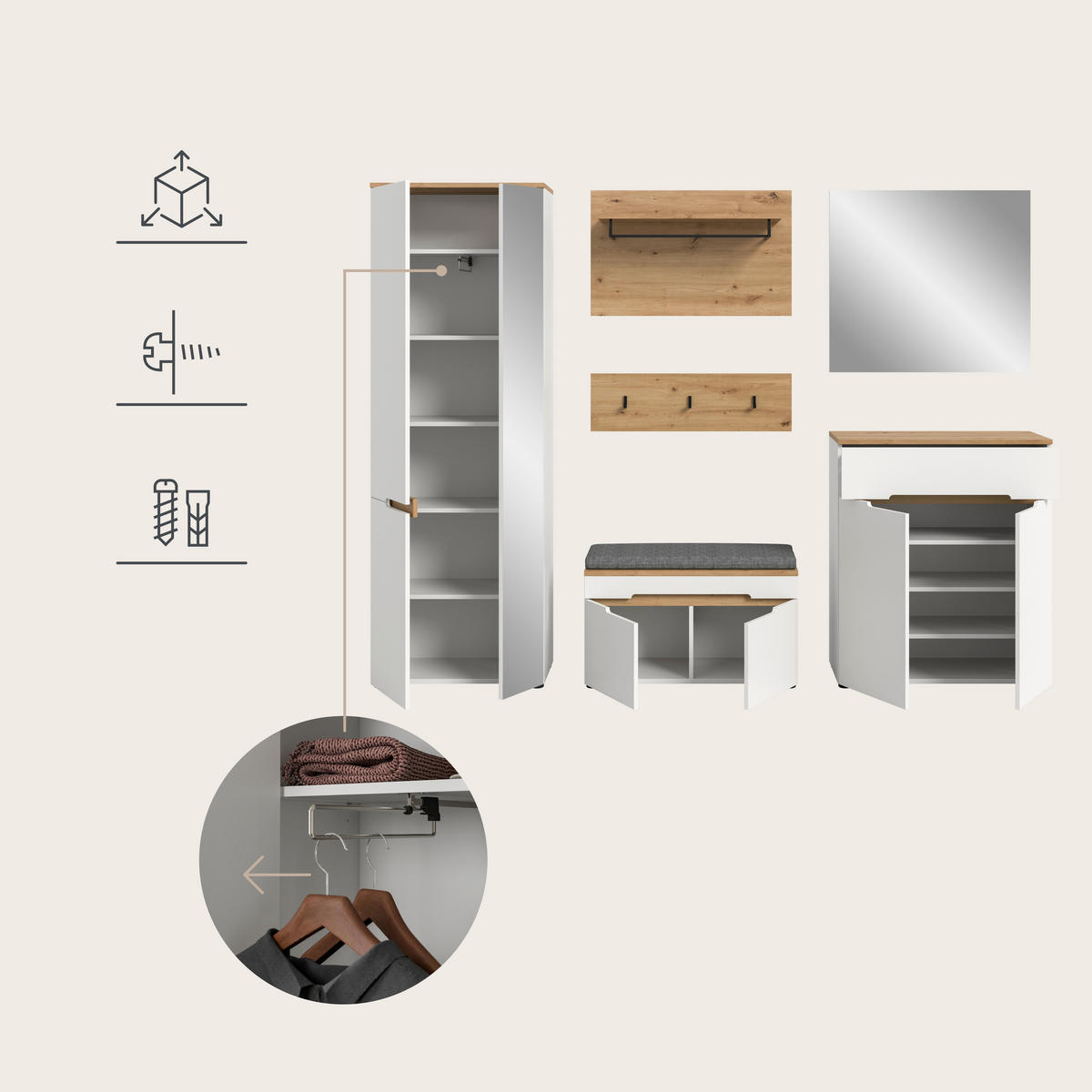GARDEROBE 6-teilig  in 255/190/37 cm  - Weiß/Eiche Artisan, Design, Holzwerkstoff (255/190/37cm) - MID.YOU