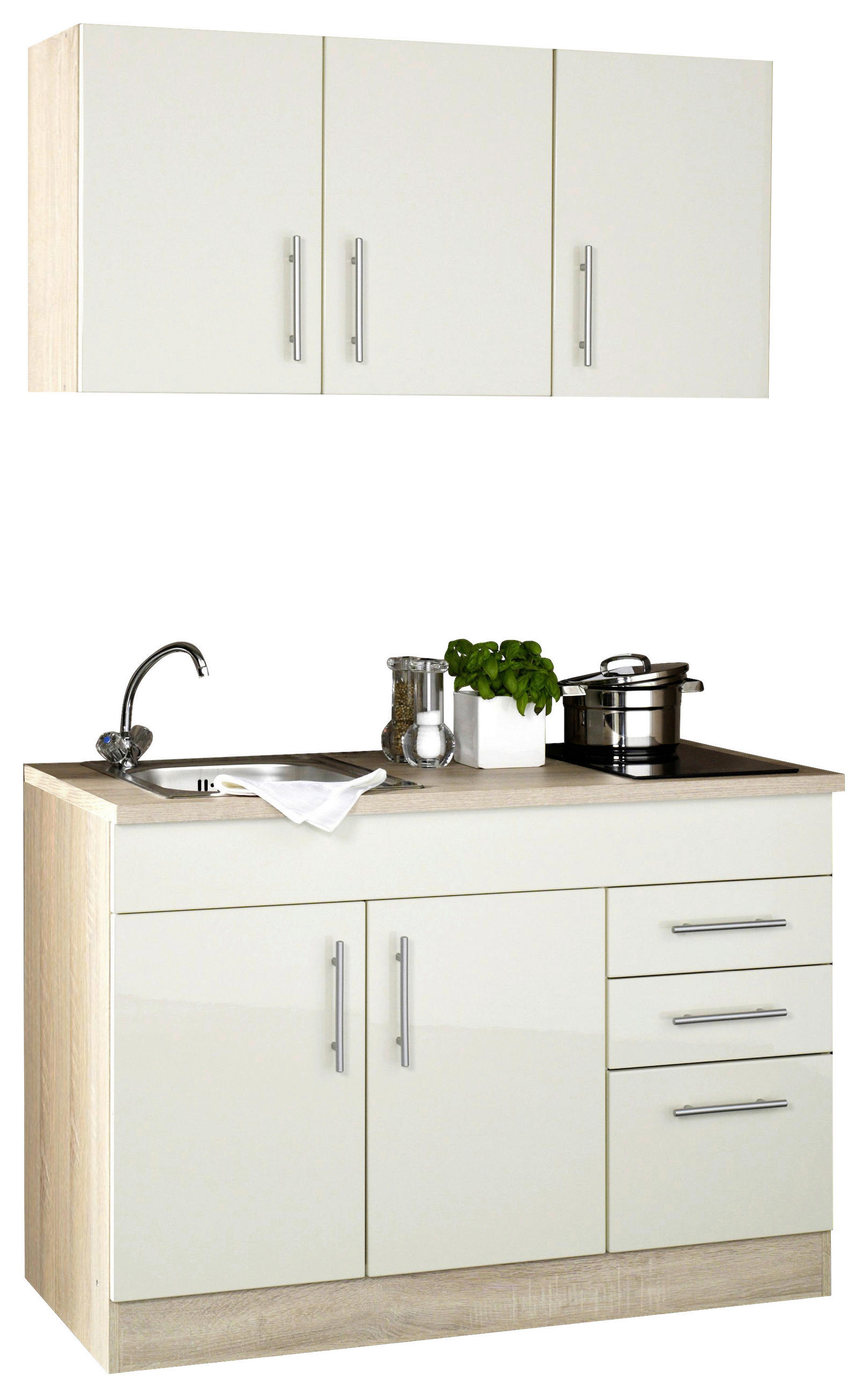 MINIKÜCHE 120 cm   in Creme  - Chromfarben/Eichefarben, Modern, Holzwerkstoff/Metall (120cm) - Held