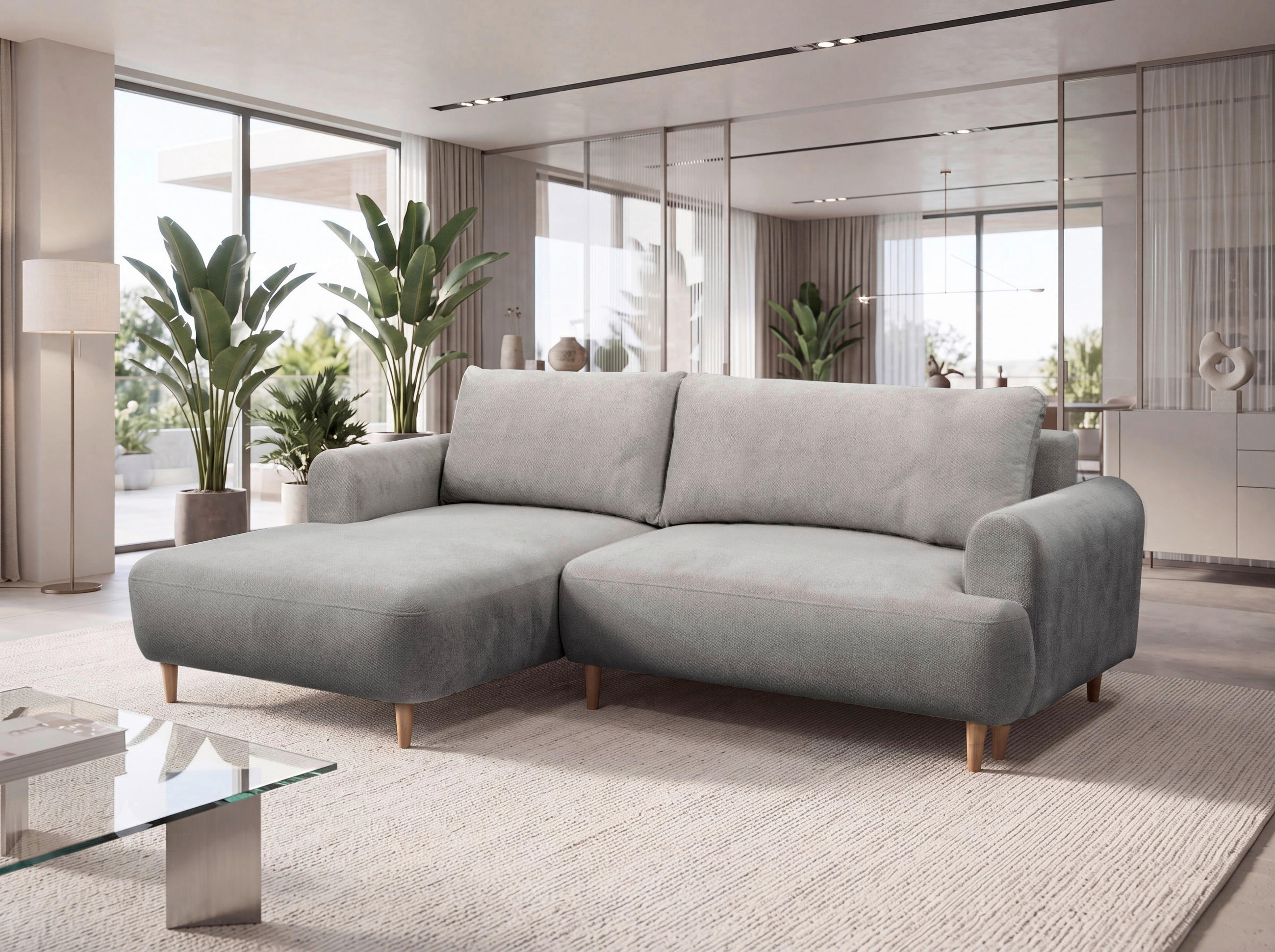 ECKSOFA VIRA Grau Struktur Rückenkissen, Bettkasten, Liegefläche im Originalstoff  - Naturfarben/Grau, Design, Holz/Textil (150/230cm) - MID.YOU