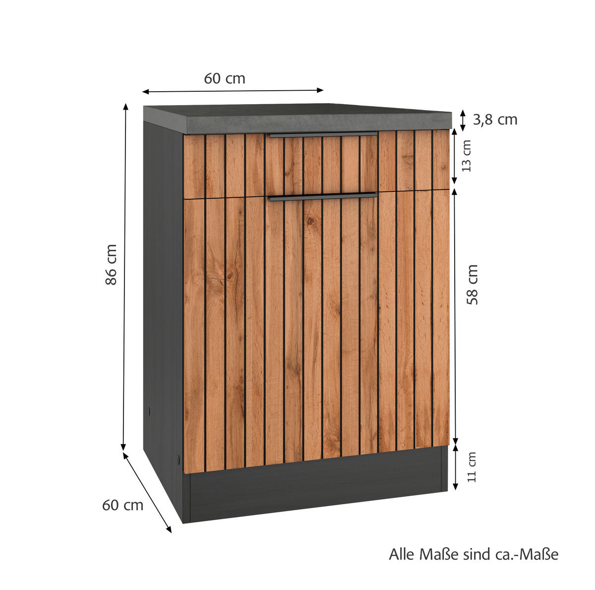 KÜCHENUNTERSCHRANK 60/86/60 cm  in Graphitfarben, Eiche Wotan  - Schieferfarben/Eiche Wotan, Basics, Holzwerkstoff/Metall (60/86/60cm) - Held