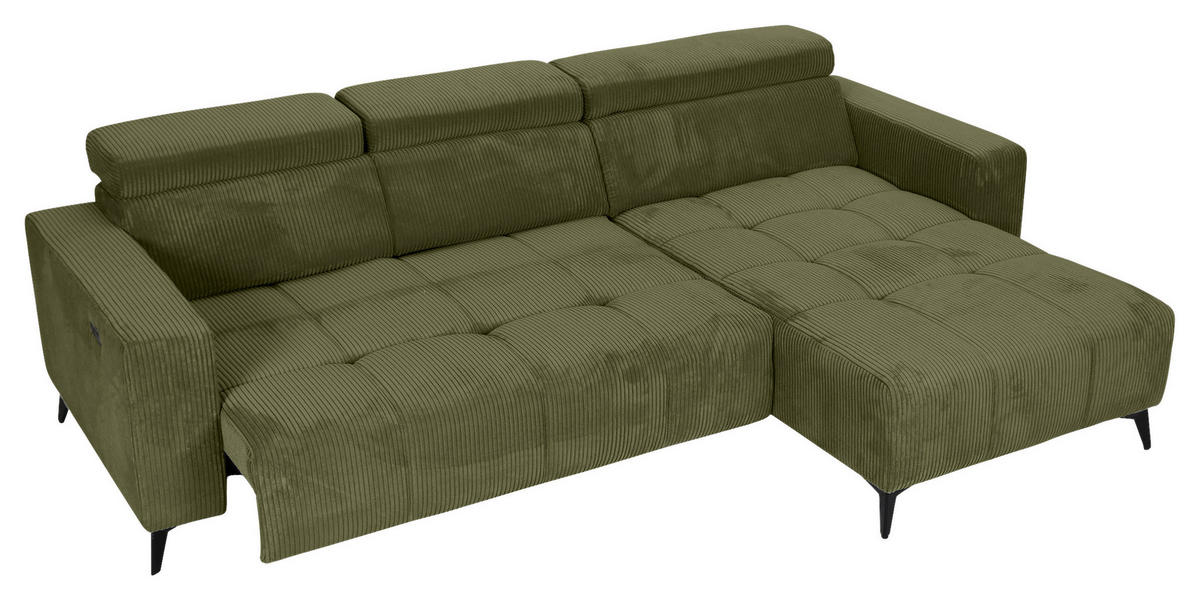 ECKSOFA Dunkelgrün Cord Rücken echt, Kopfteilverstellung, Sitzvorzug  - Dunkelgrün/Schwarz, KONVENTIONELL, Textil/Metall (257/170cm) - Carryhome