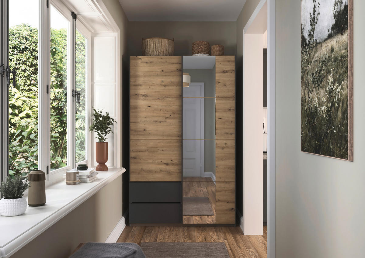 SCHWEBETÜRENSCHRANK in Grau, Eiche Artisan  - Eiche Artisan/Grau, Modern, Holzwerkstoff (131/210/59cm) - Rauch Möbel