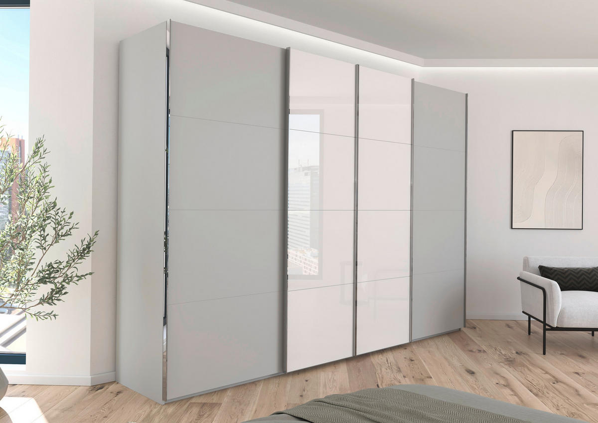 SCHWEBETÜRENSCHRANK 316/235/68 cm 4-türig Grau, Weiß  - Chromfarben/Weiß, KONVENTIONELL, Glas/Holzwerkstoff (316/235/68cm) - Novel