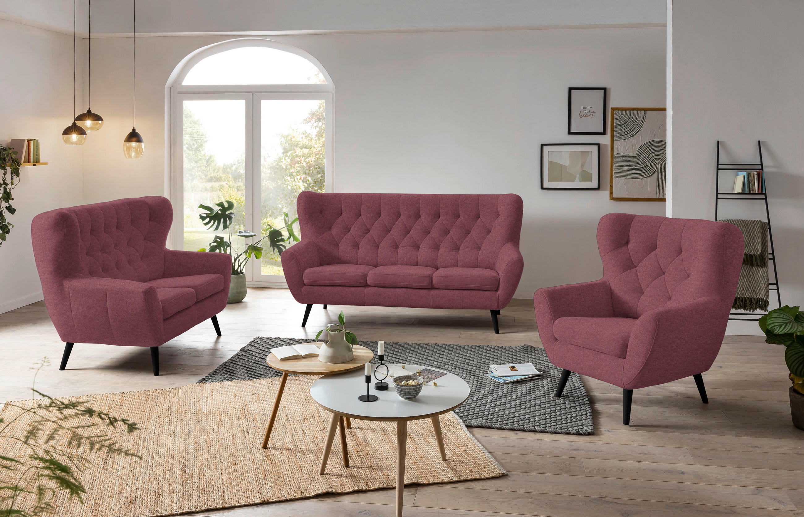 2-SITZER-SOFA in Mikrofaser Weinrot  - Eichefarben/Beige, Design, Holz/Holzwerkstoff (138/104/92cm) - Stylife