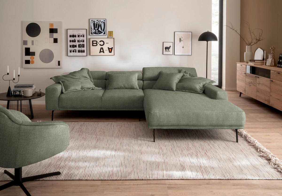 ECKSOFA Cord Olivgrün  - Schwarz/Olivgrün, Design, Textil/Metall (293/215-217cm) - Schöner Wohnen