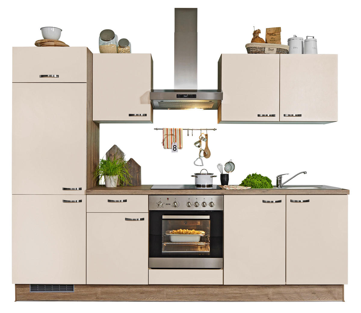 KÜCHENBLOCK   in Creme, Eichefarben  - Edelstahlfarben/Eichefarben, KONVENTIONELL, Holzwerkstoff/Metall (270cm) - Welnova