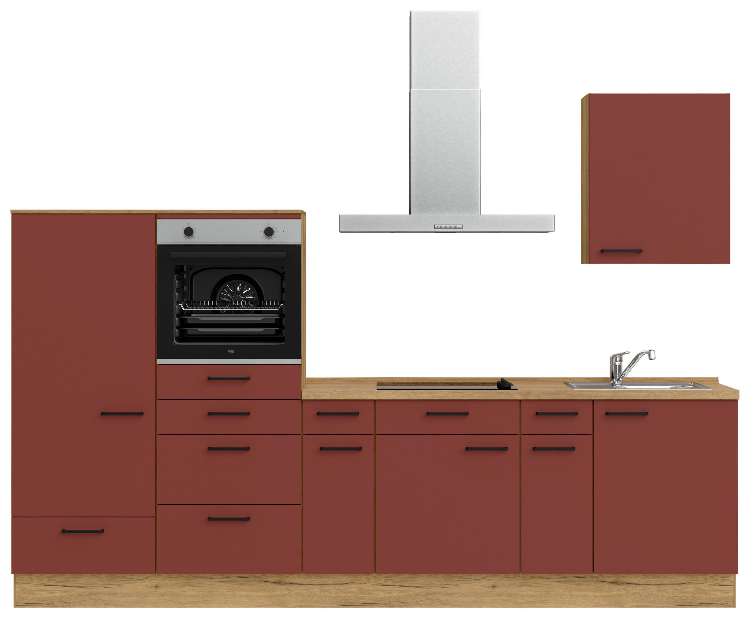 KÜCHENLEERBLOCK 300 cm   in Rot, Eichefarben  - Eichefarben/Rot, MODERN, Holzwerkstoff/Metall (300cm) - Nobilia