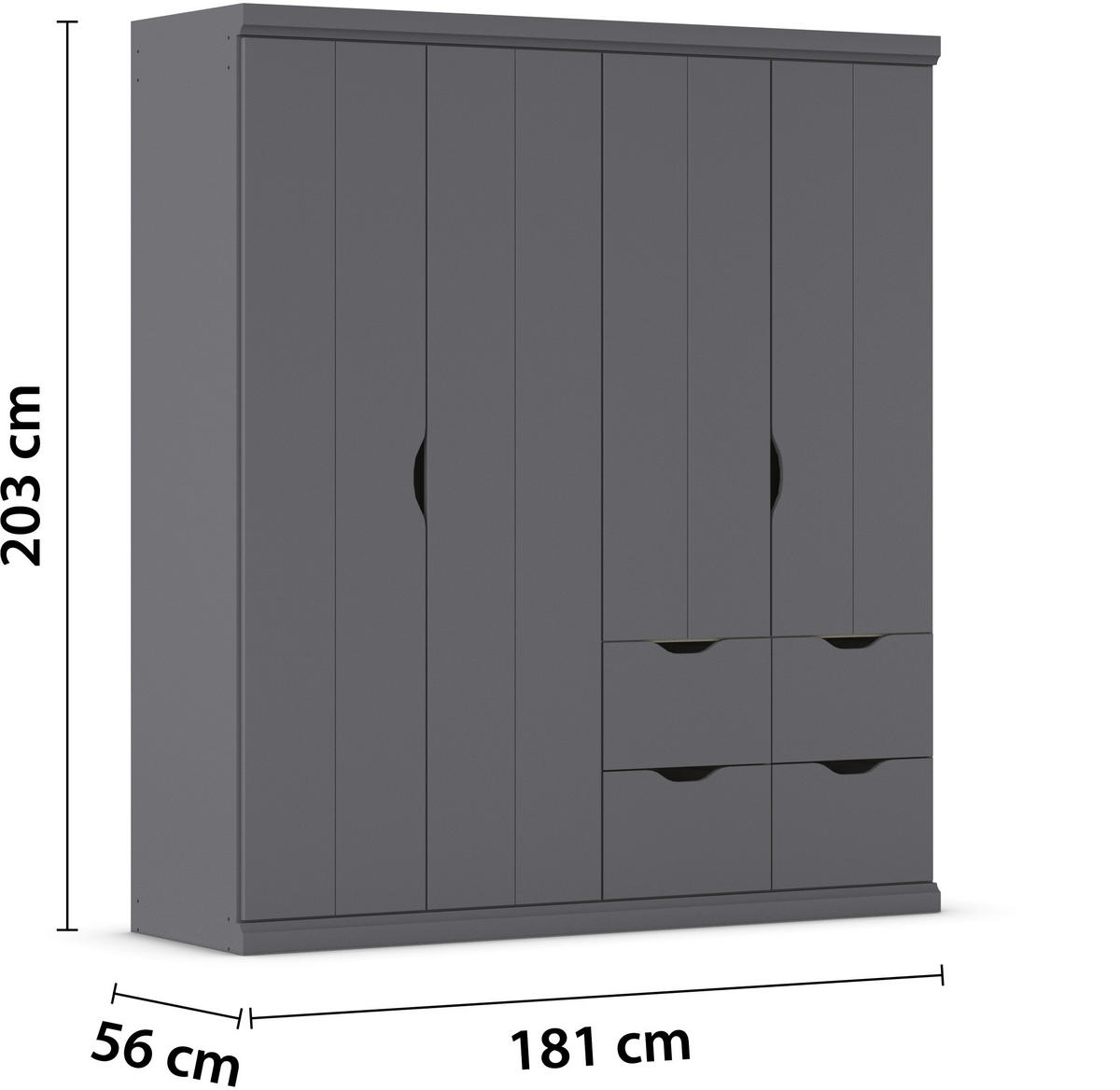 KLEIDERSCHRANK 181/203/56 cm 4-türig Dunkelgrau  - Dunkelgrau, Basics, Holzwerkstoff (181/203/56cm) - Rauch Möbel
