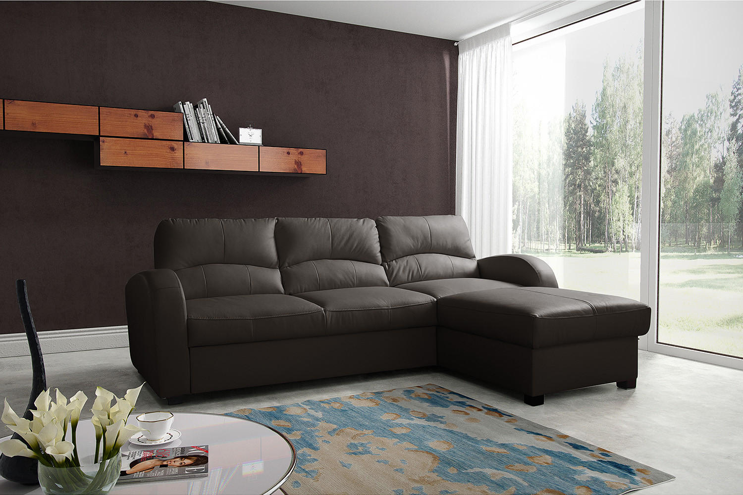 ECKSOFA Dunkelbraun Echtleder Lederlook  - Dunkelbraun/Schwarz, Design, Leder/Kunststoff (227/168cm) - Livetastic
