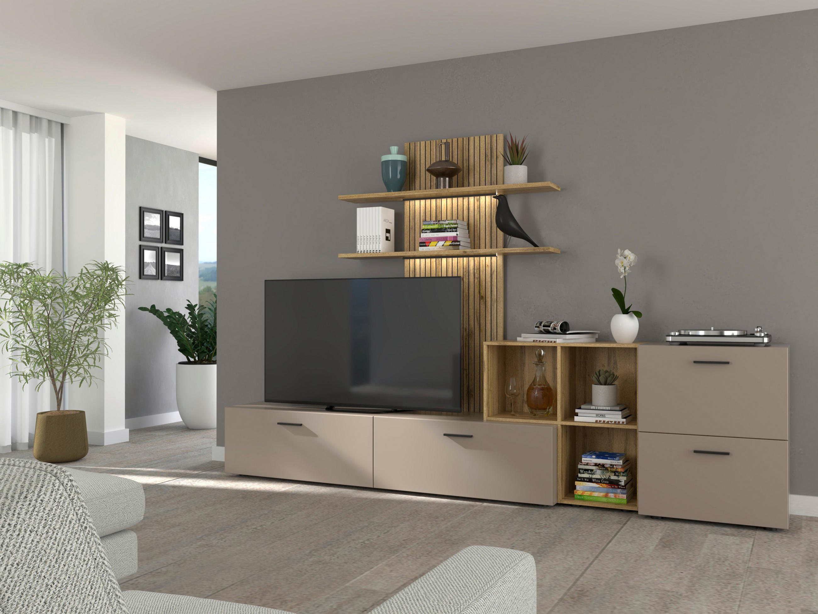DNEVNI REGAL,   - barve hrasta, Design, umetna masa/leseni material (296/190/40cm) - Hom`in