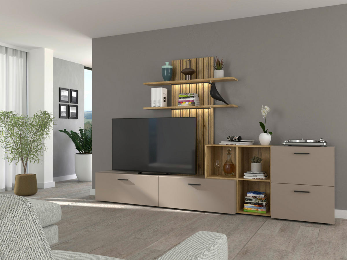 DNEVNI REGAL,   - barve hrasta, Design, umetna masa/leseni material (296/190/40cm) - Hom`in