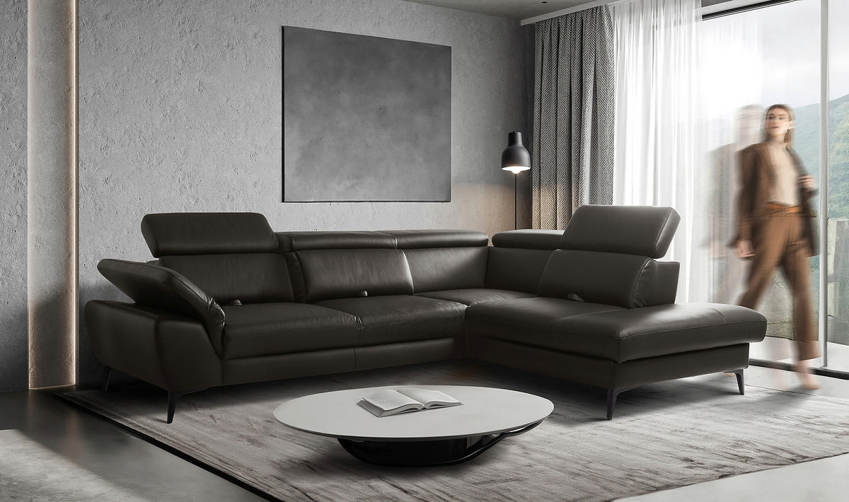 ECKSOFA Dunkelbraun Echtleder Lederlook Bettkasten, Schlaffunktion, Rücken echt, Armteilverstellung, Kopfteilverstellung, Sitztiefenverstellung  - Dunkelbraun/Schwarz, Design, Leder/Textil (274/220cm) - Livetastic