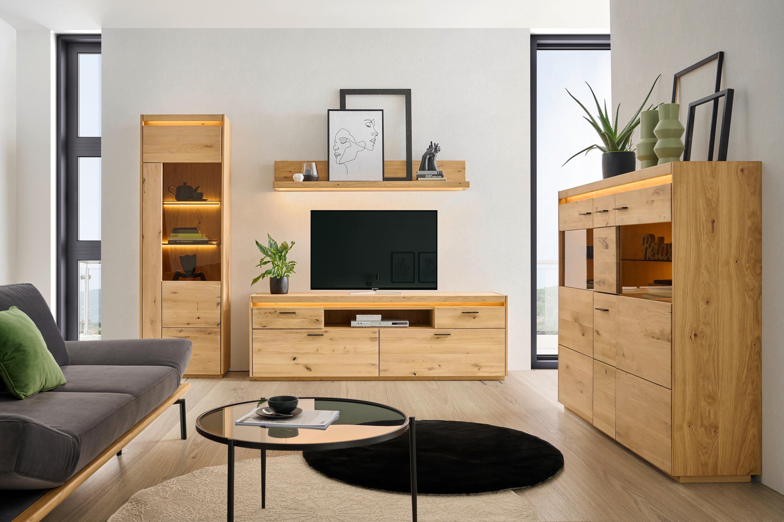 WOHNWAND  in Eichefarben  267/201,9/49,8 cm  - Eichefarben/Schwarz, Natur, Glas/Holz (267/201,9/49,8cm) - Linea Natura