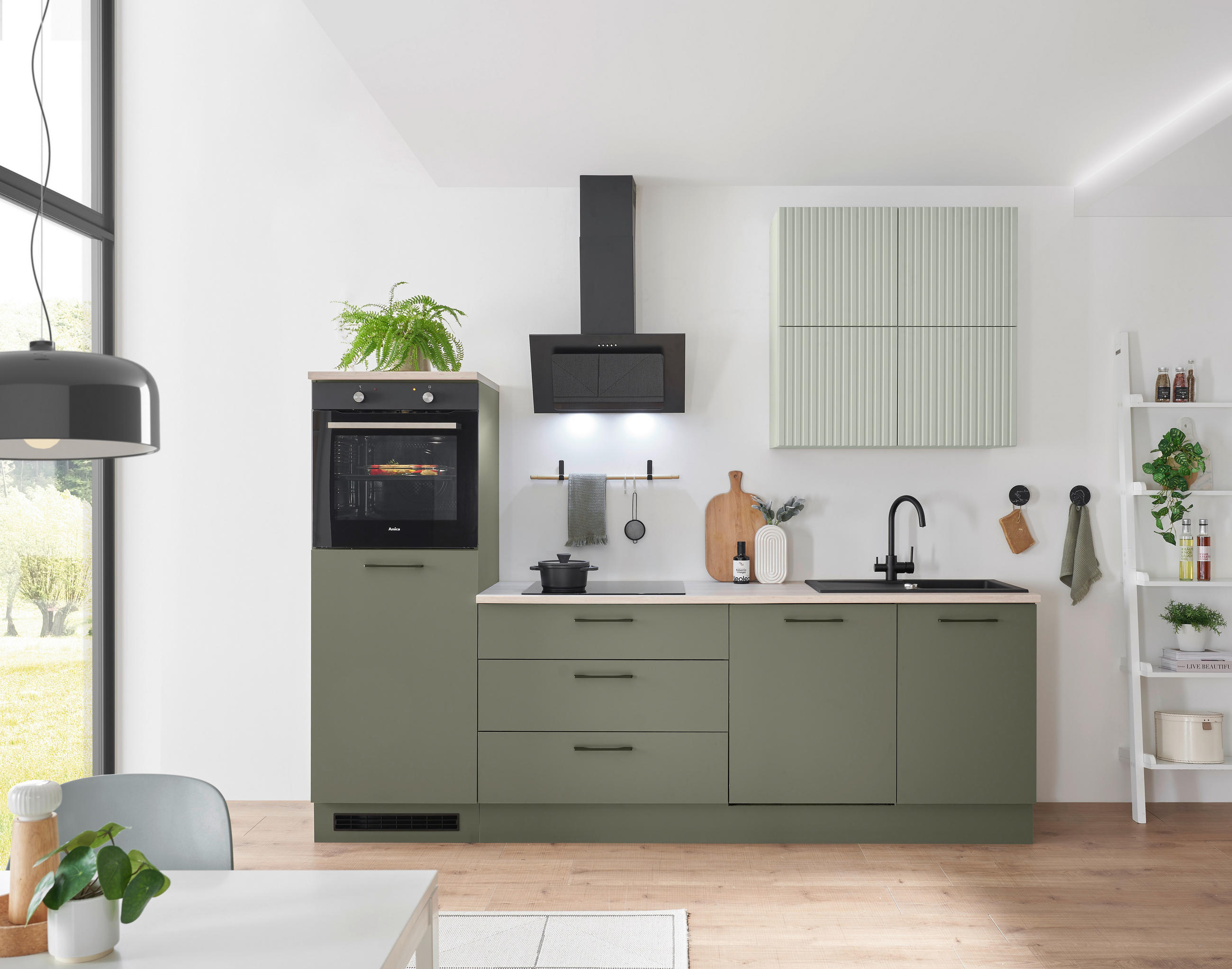 KÜCHENBLOCK 260 cm   in Grün, Mintgrün  - Beige/Schwarz, Design, Holzwerkstoff/Metall (260cm) - MID.YOU