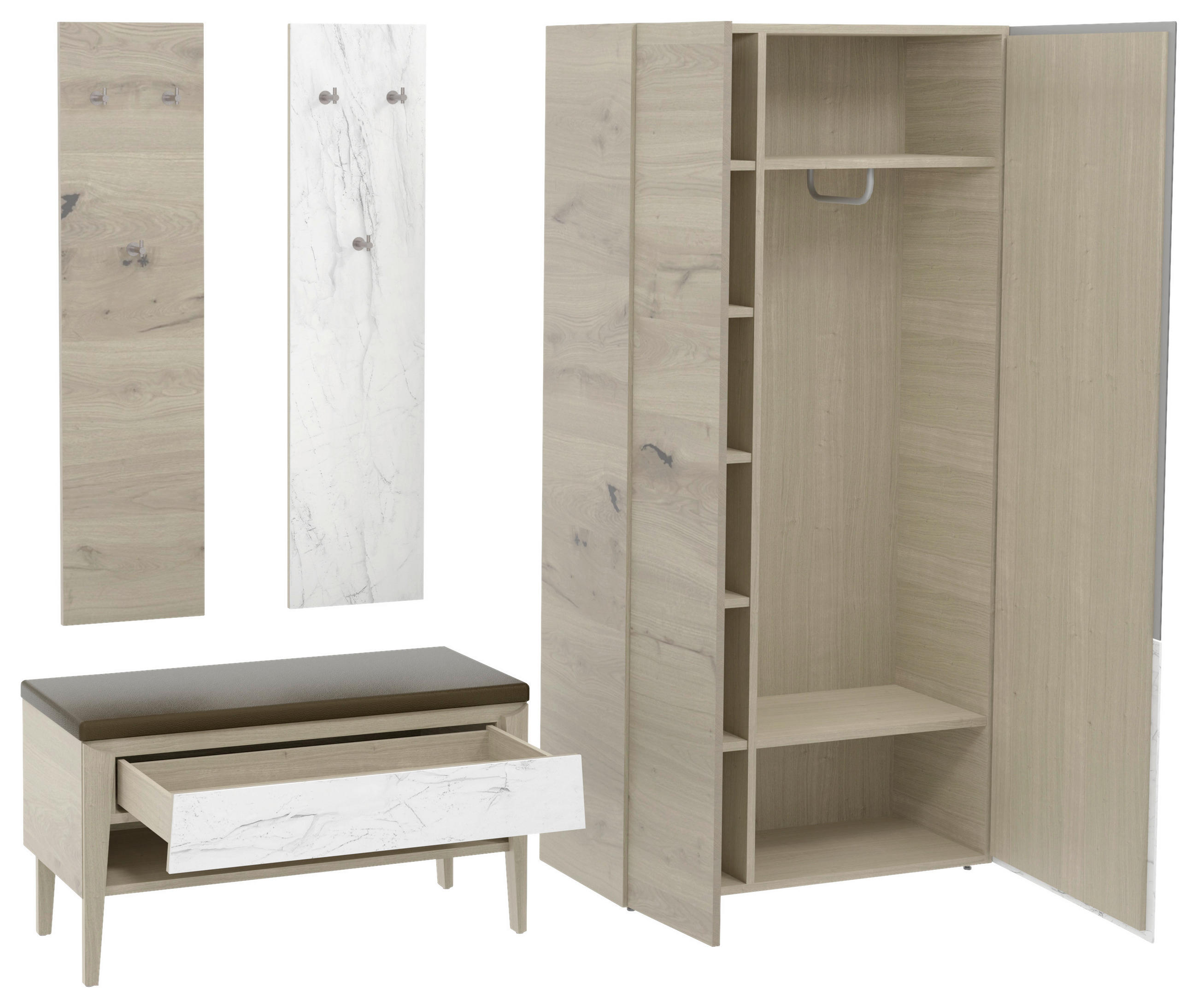 GARDEROBE 4-teilig  in 220/194/42,6 cm  - Eichefarben/Weiß, Natur, Glas/Leder (220/194/42,6cm) - Voglauer