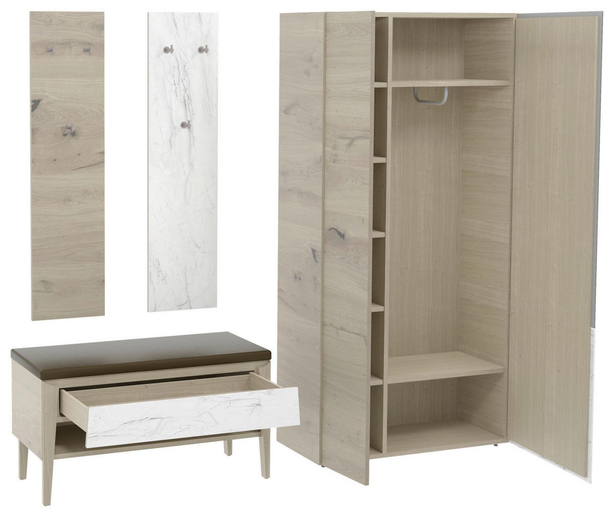 GARDEROBE 4-teilig  in 220/194/42,6 cm  - Eichefarben/Weiß, Natur, Glas/Leder (220/194/42,6cm) - Voglauer