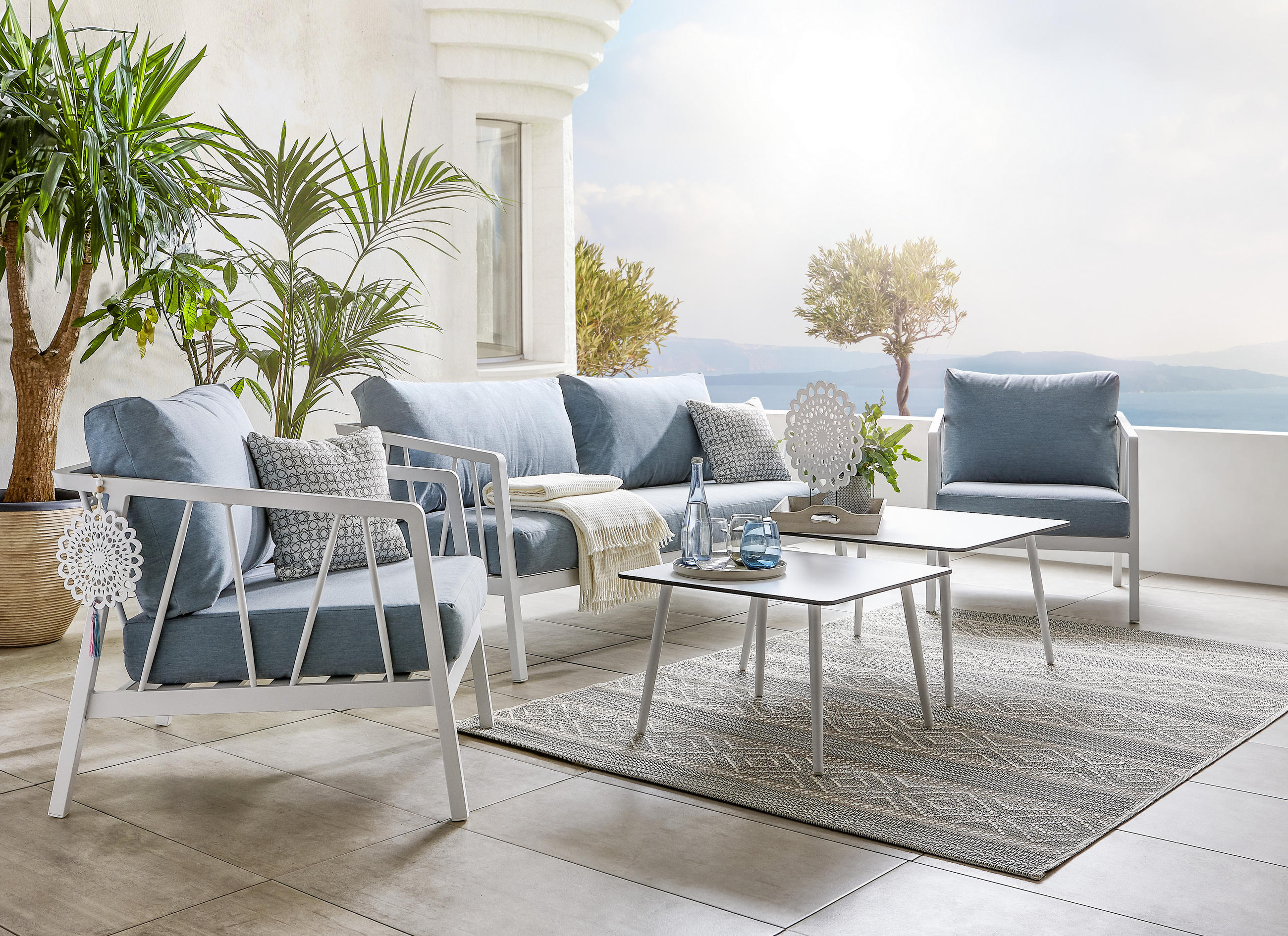 LOUNGE GARNITURA plava, siva, bijela - bijela/siva, Moderno, metal/tekstil (180/90/80cm) - Amatio