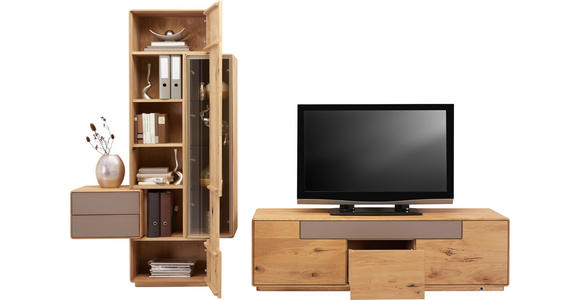 WOHNWAND Wildeiche massiv Eichefarben, Schlammfarben - Schlammfarben/Eichefarben, Design, Glas/Holz (303,6/198,5/46,5cm) - Valnatura