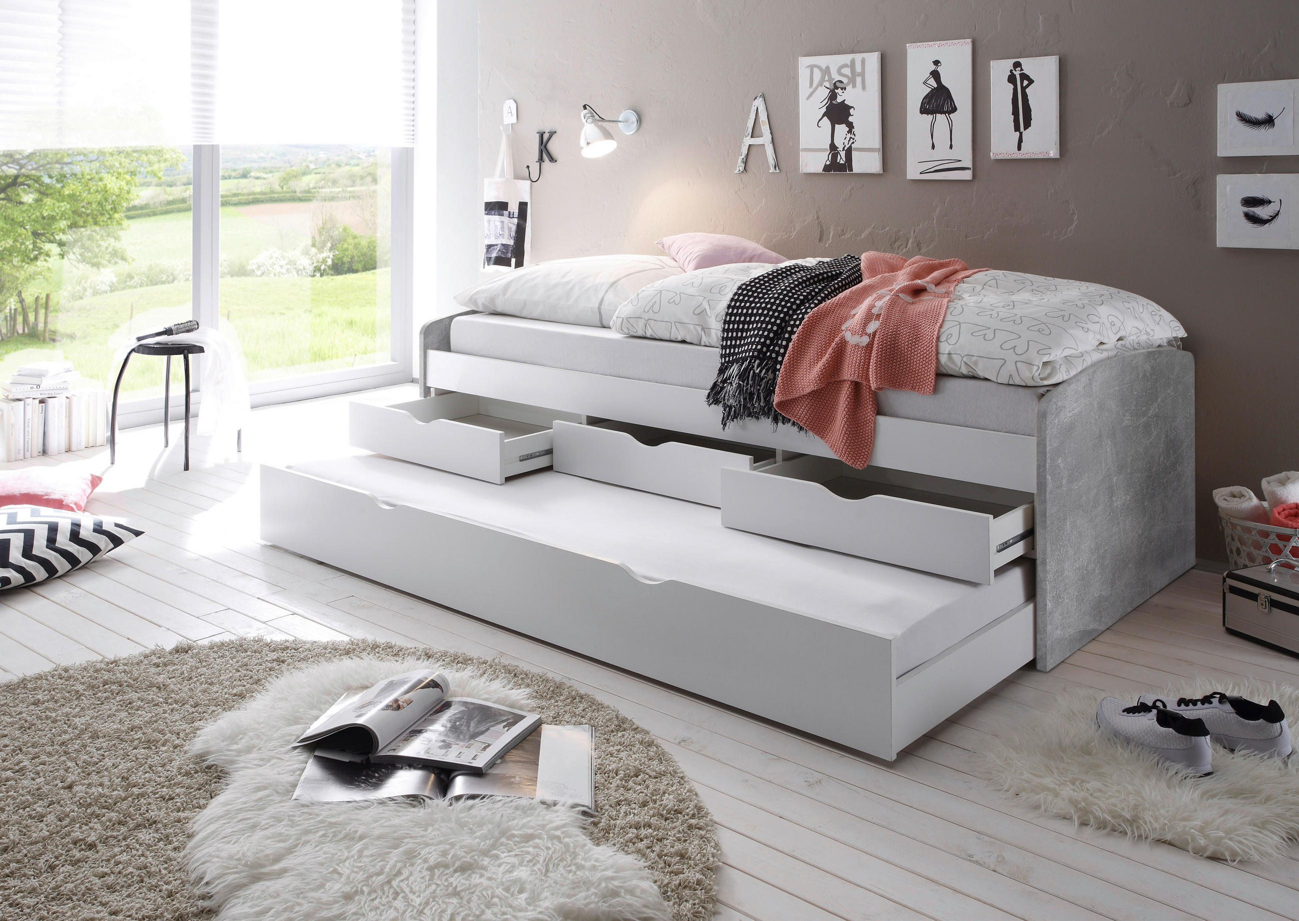 AUSZIEHBETT 90/200 cm Grau, Weiss  - Weiss/Schwarz, Konventionell, Holzwerkstoff/Kunststoff (90/200cm) - MID.YOU