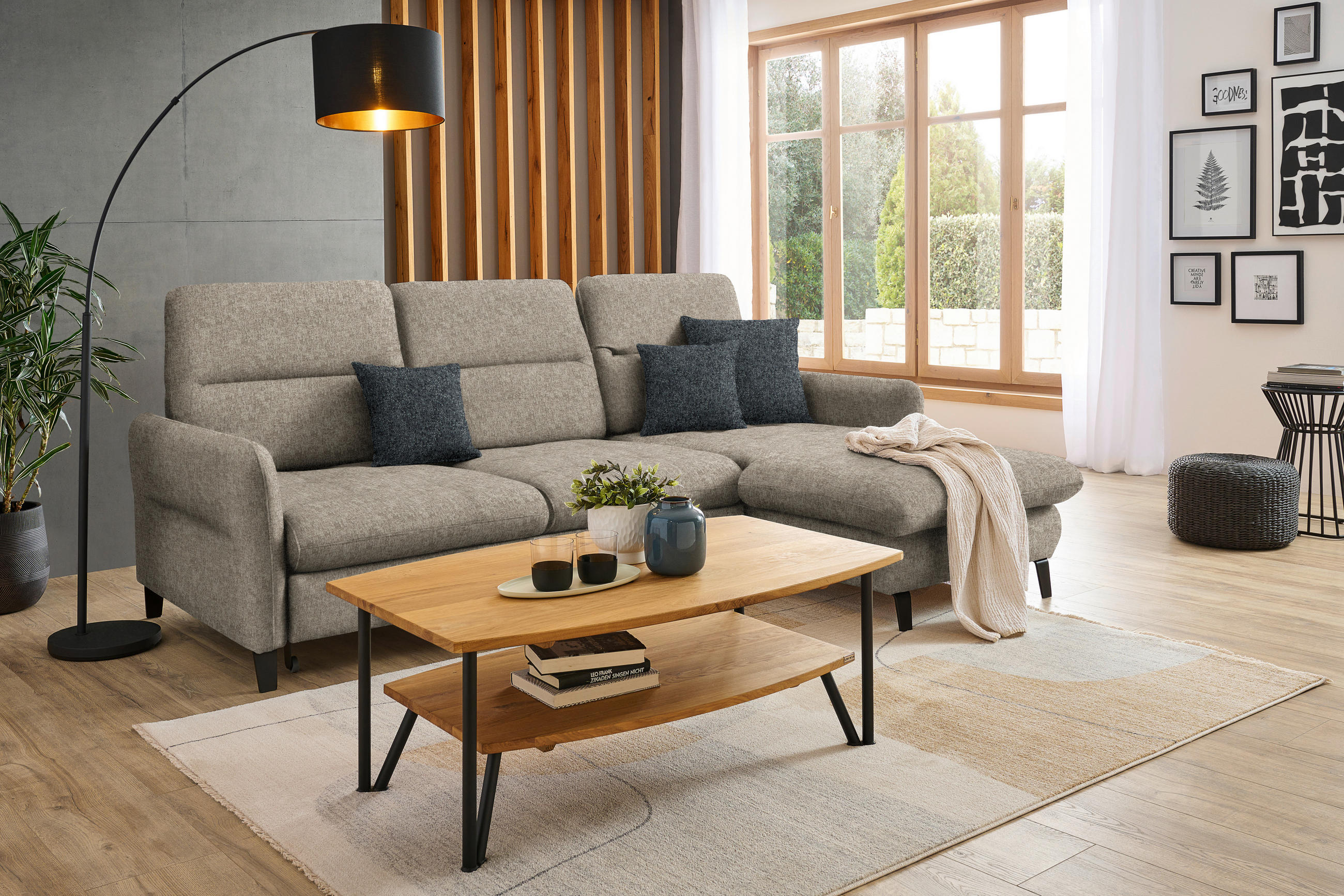 ECKSOFA Greige Chenille  - Greige/Schwarz, KONVENTIONELL, Textil/Metall (254/190cm) - Livetastic