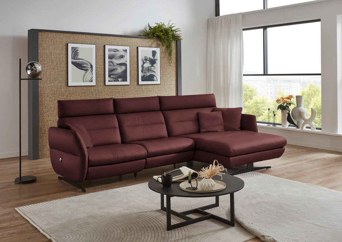 ECKSOFA in Echtleder Bordeaux  - Bordeaux/Schwarz, Design, Leder/Metall (300/157cm) - Dieter Knoll