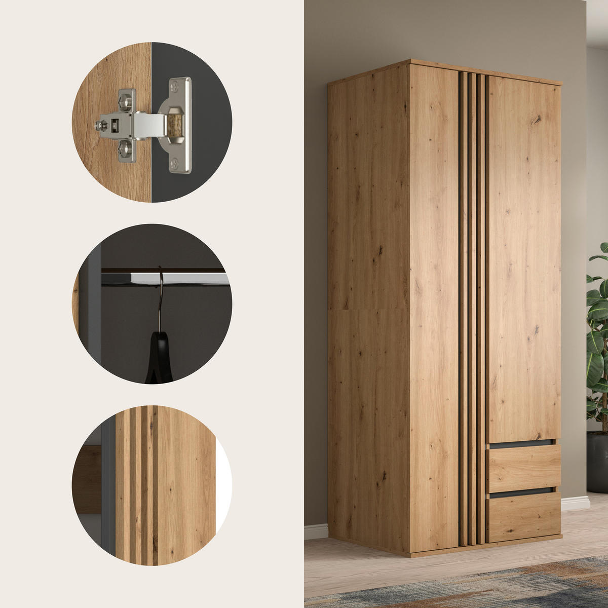 DREHTÜRENSCHRANK 80/192/56 cm,  in Anthrazit, Eiche Artisan, 2-türig  - Anthrazit/Eiche Artisan, ROMANTIK / LANDHAUS, Holzwerkstoff (80/192/56cm) - Livetastic