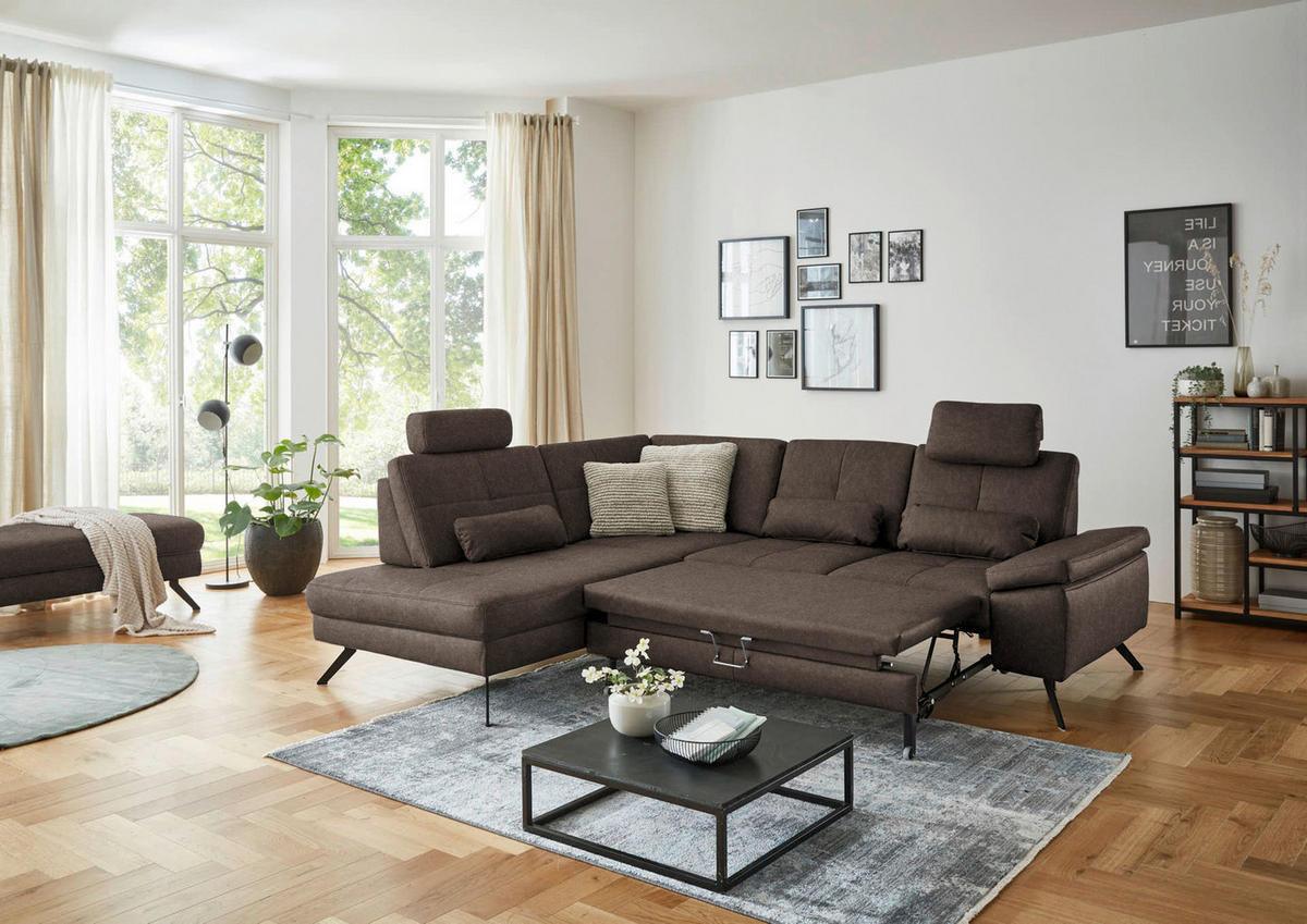 ECKSOFA in Lederlook, Mikrofaser Dunkelbraun  194/261 cm  - Dunkelbraun/Schwarz, Design, Textil/Metall (194/261cm) - Beldomo System