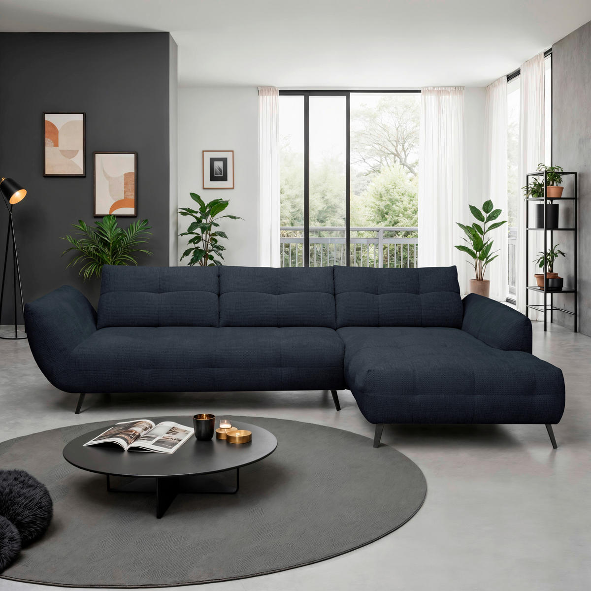 ECKSOFA Dunkelblau Chenille Armlehnenkissen, Rücken echt, Sitztiefenverstellung  - Schwarz/Dunkelblau, KONVENTIONELL, Textil/Metall (313/215cm) - Hom`in