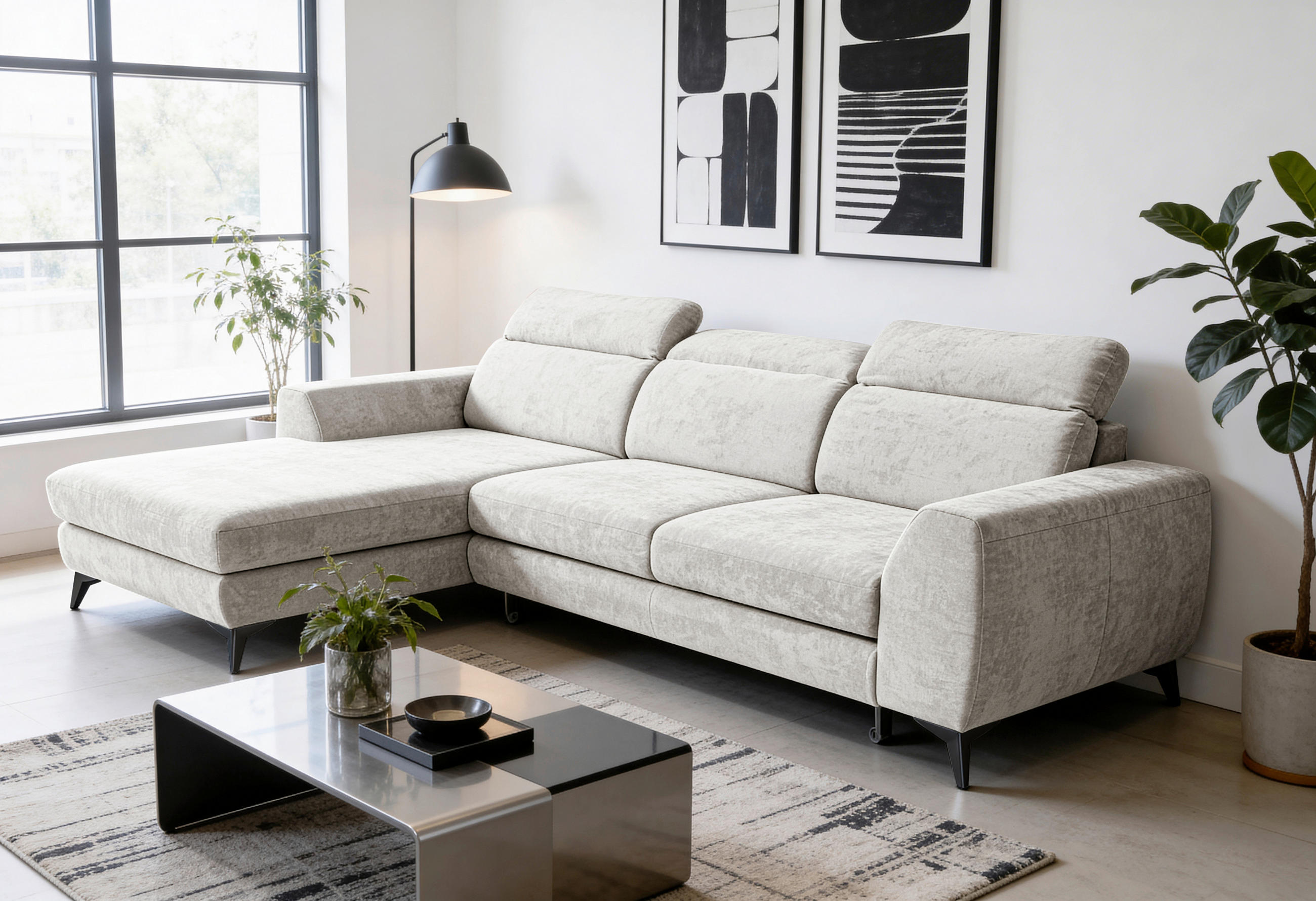 ECKSOFA MUENSTER Elfenbein Chenille Bettkasten, Schlaffunktion, Kopfteilverstellung, Liegefläche im Originalstoff  - Elfenbein/Schwarz, Basics, Textil/Metall (191/264cm) - Livetastic