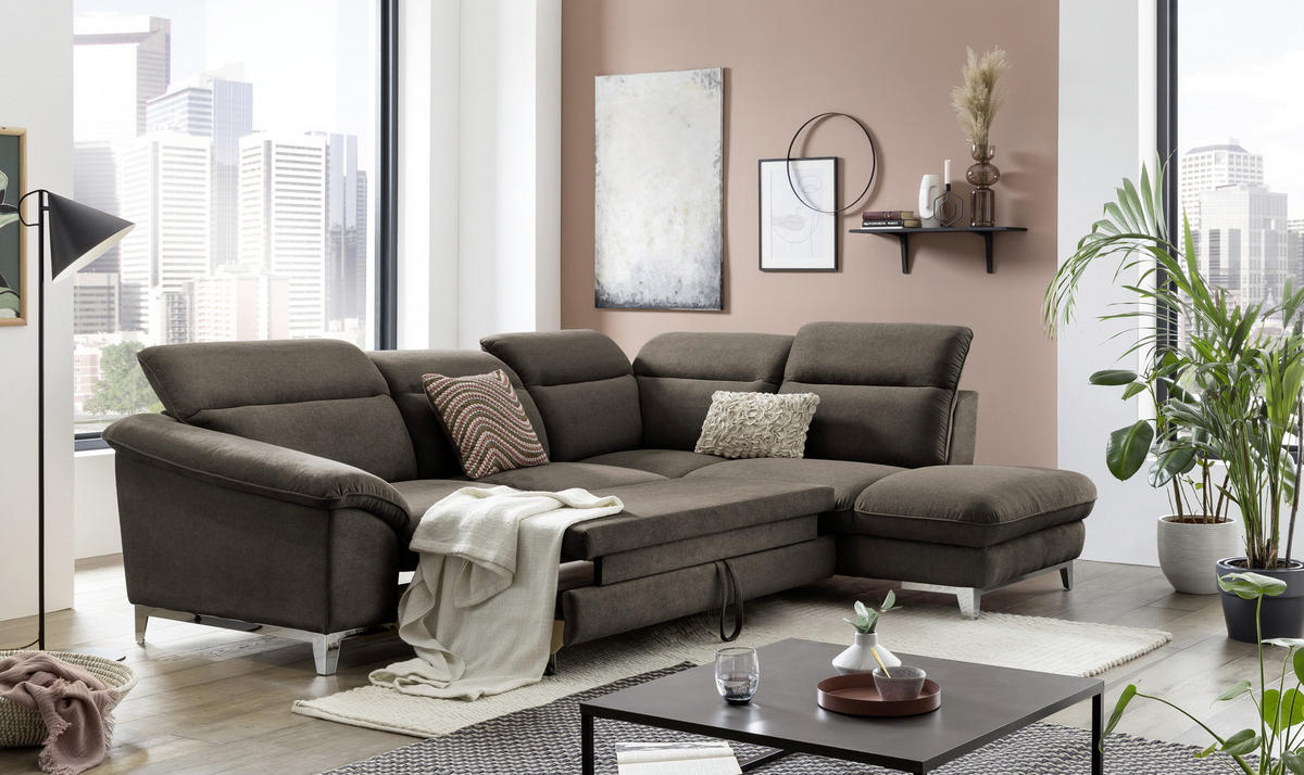 ECKSOFA Dunkelbraun Chenille  - Chromfarben/Dunkelbraun, Design, Textil/Metall (232/293cm) - Livetastic