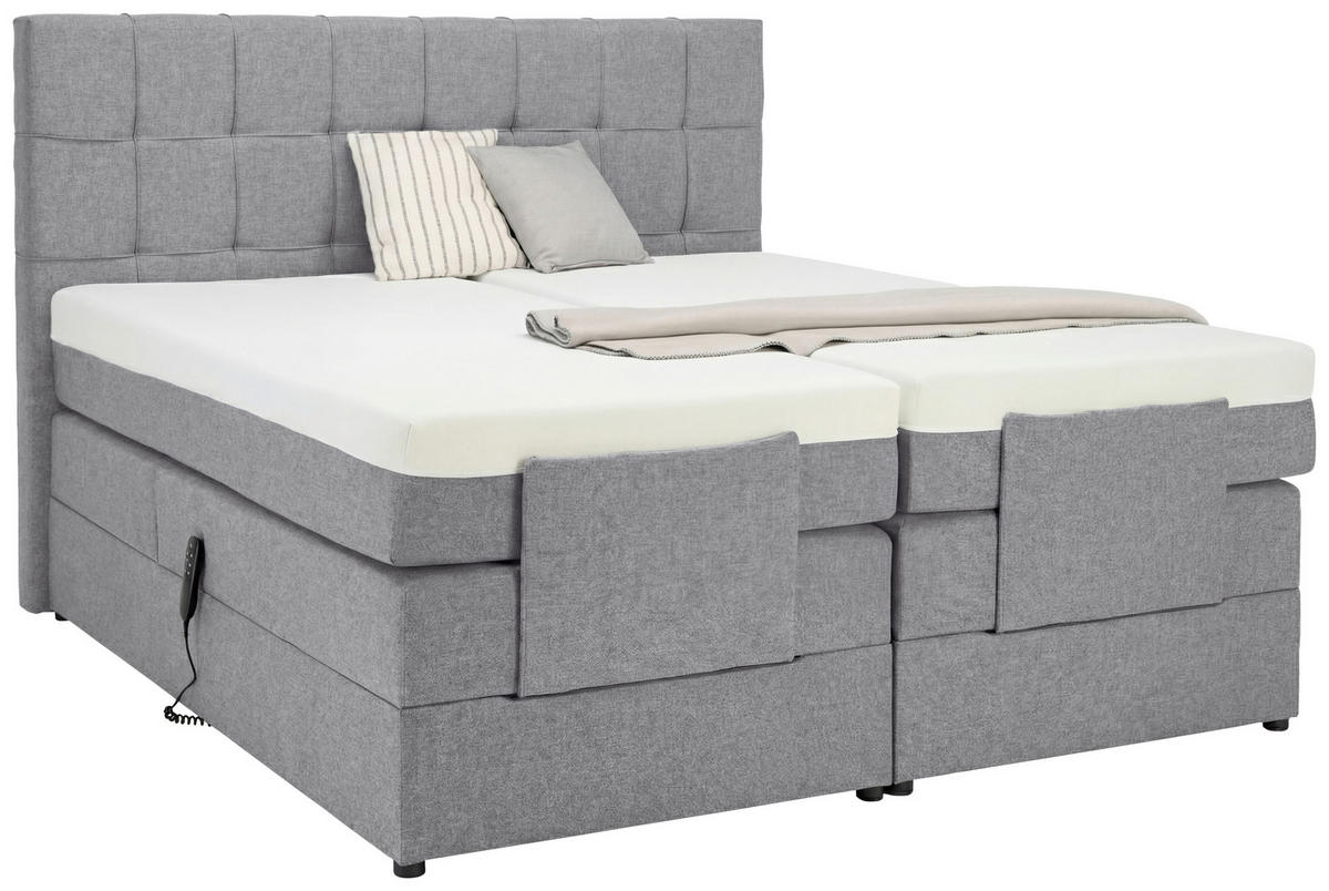 BOXSPRINGBETT 160/200 cm,  in Hellgrau, gepolstertes Kopfteil, Topper, motorische Verstellbarkeit, Fernbedienung, Matratzen, H3 = fest  - Hellgrau/Schwarz, KONVENTIONELL, Kunststoff/Textil (160/200cm) - Moderano
