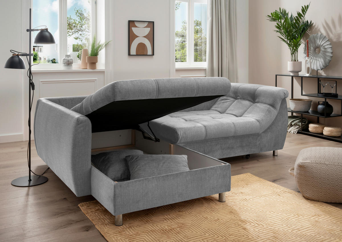 ECKSCHLAFSOFA  mit Liegefunktion, seitenverkehrt erhältlich Mikrofaser Grau  - Chromfarben/Grau, MODERN, Textil/Metall (190/250cm) - Livetastic