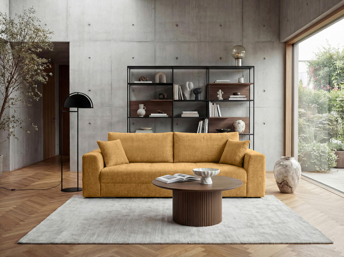 SCHLAFSOFA Struktur Currygelb  inkl. Zierkissen, Rückenkissen, Bettkasten, Schlaffunktion, Rücken echt  - Currygelb/Schwarz, KONVENTIONELL, Kunststoff/Textil (253/87/102cm) - Xora