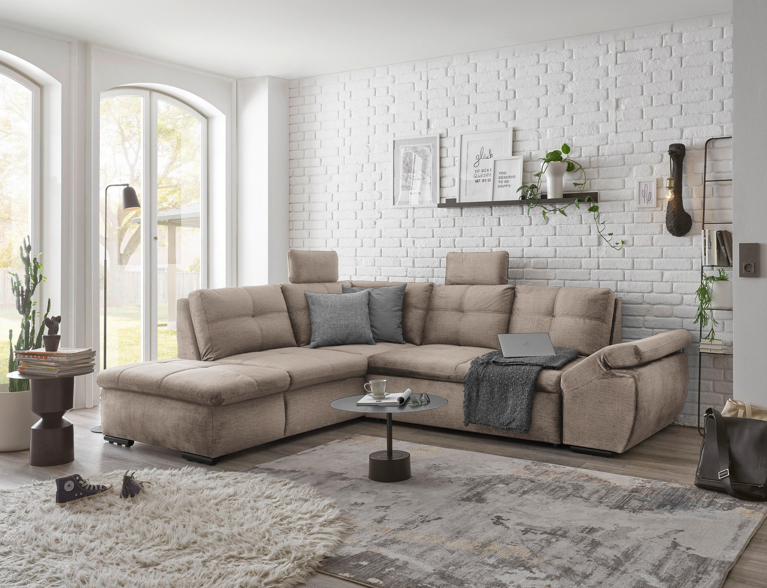 ECKSOFA in Mikrovelours Creme  - Creme/Schwarz, Konventionell, Kunststoff/Textil (217/265cm) - Carryhome