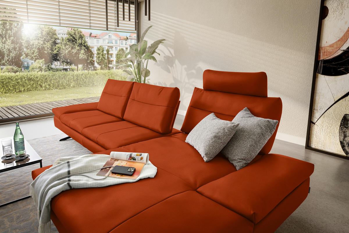 ECKSOFA in Echtleder Terracotta  342/158 cm  - Terracotta/Schwarz, MODERN, Leder/Metall (342/158cm) - Chilliano