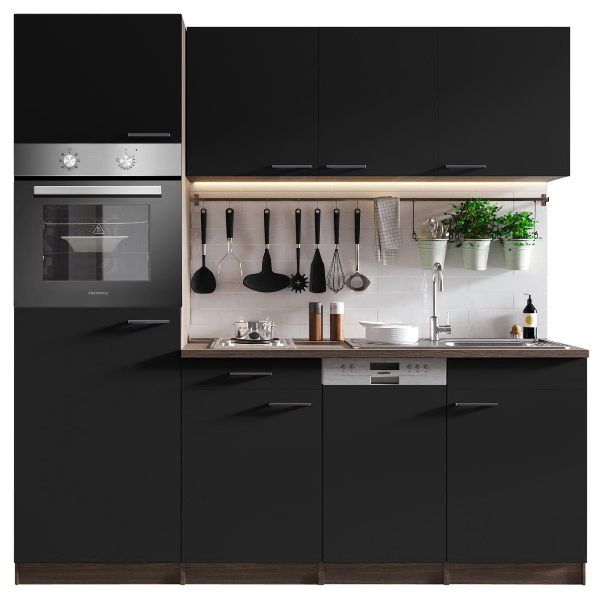 KÜCHENBLOCK 205 cm   in Schwarz  - Eichefarben/Alufarben, Basics, Holzwerkstoff/Kunststoff (205cm) - Respekta