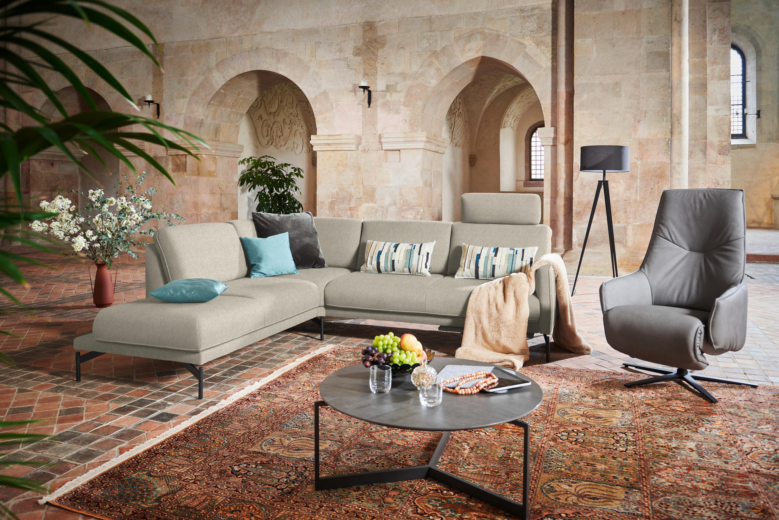 ECKSOFA in Flachgewebe Beige  - Anthrazit/Beige, Design, Textil/Metall (230/254cm) - Johann Jakob