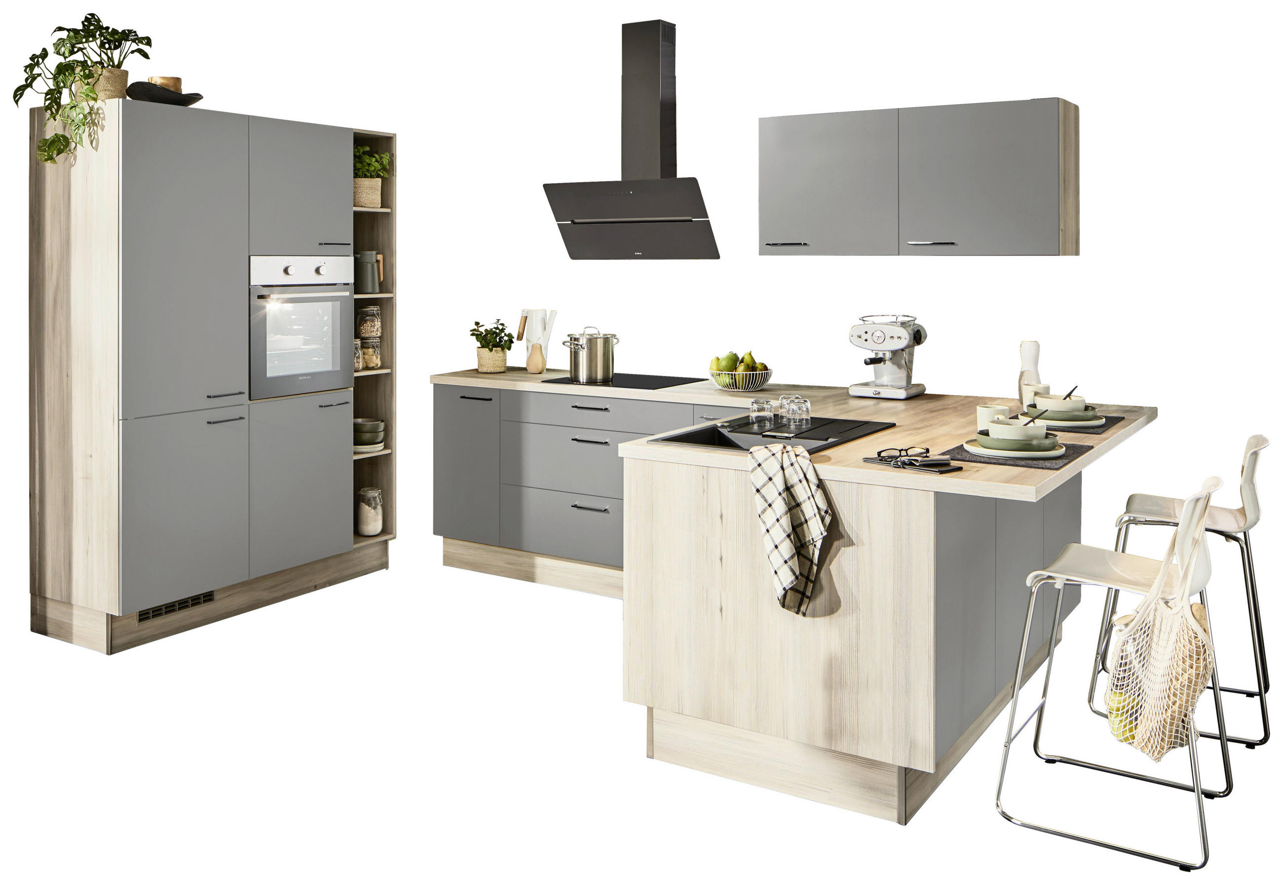 ECKKÜCHE  in Grau, Tannenholzfarben  - Tannenholzfarben/Schwarz, Design, Holzwerkstoff/Metall (150/280/121,6cm) - Xora