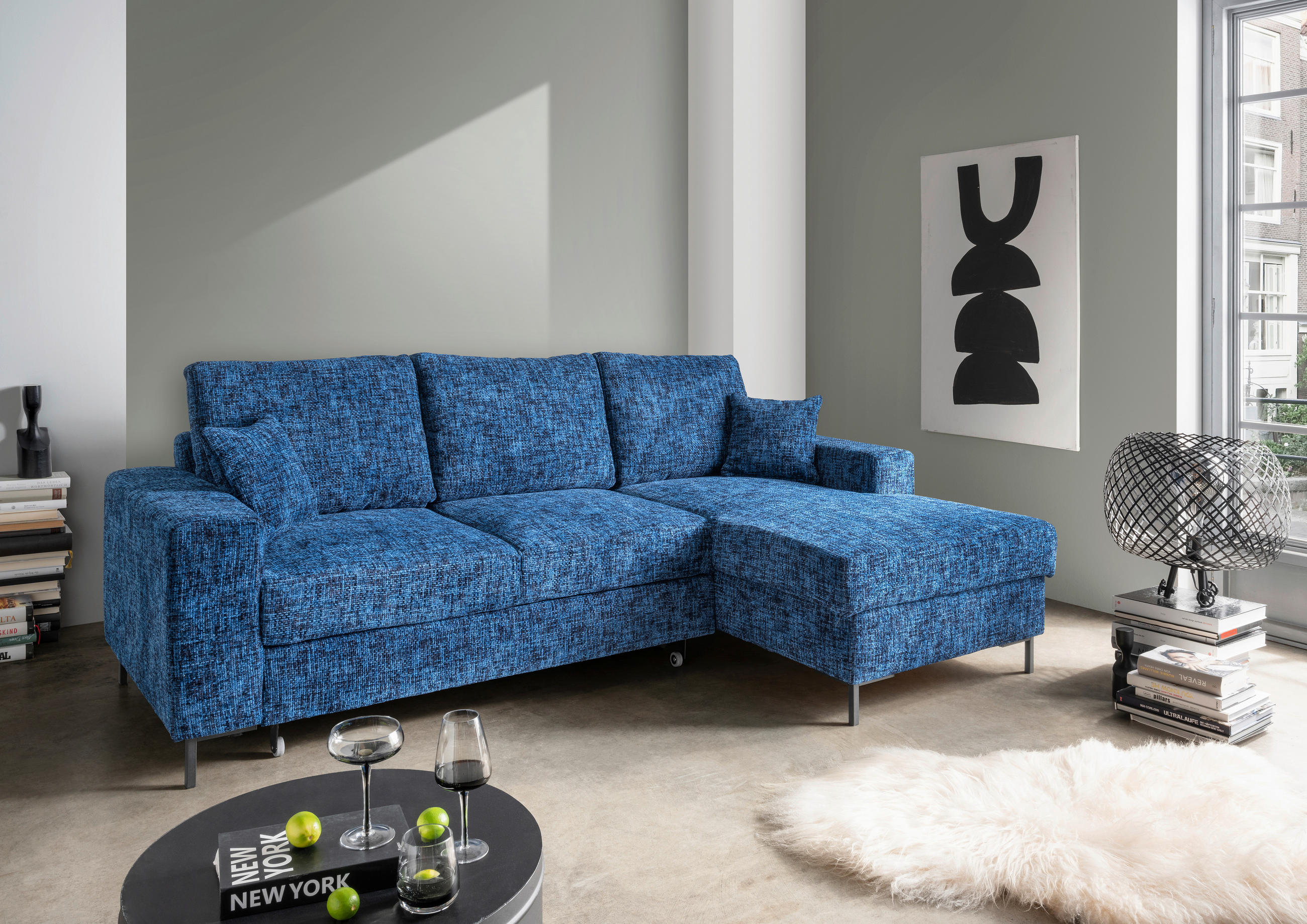 ECKSCHLAFSOFA in Struktur Blau  - Blau/Schwarz, KONVENTIONELL, Textil/Metall (237/143cm) - Livetastic